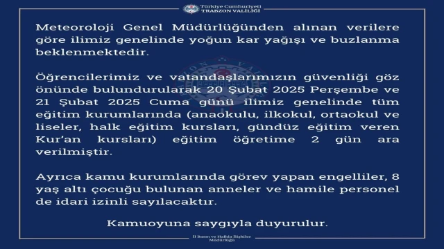 Son Dakika: Araklı'da Bazı Okullar Tatil İlan Edildi, İşte O okullar