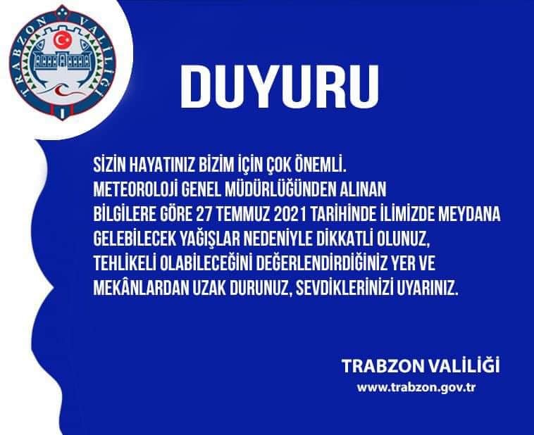 Trabzon Valiliğin'den Son Dakika Paylaşımı