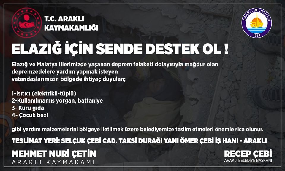 Araklı'da Depremzedelere Yardım Çağrısı